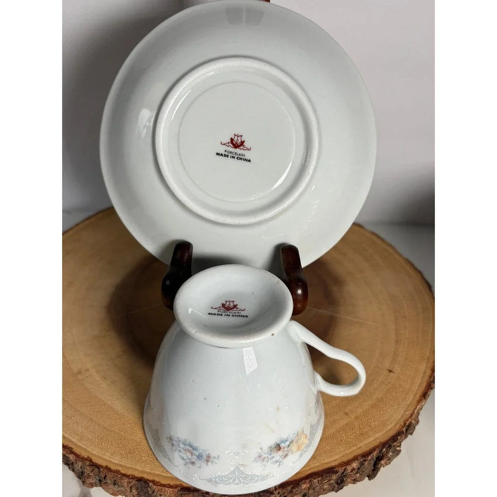 Vintage‎ Porcelain Tea Cup and Saucer Set Blue Floral Silver Rim Made in China